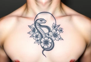 A snake slithering in different flowers with a quarter moon in the background tattoo idea