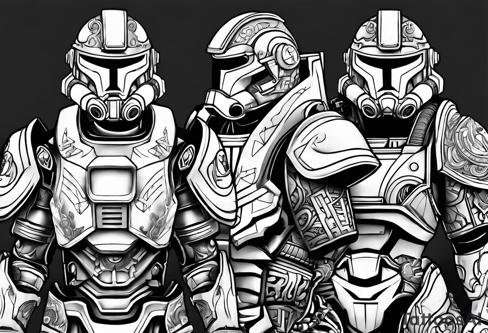 Power armor with Greek engravings tattoo idea