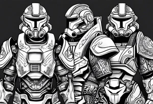 Power armor with Greek engravings tattoo idea