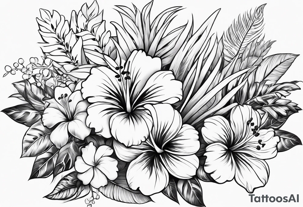 Hawaiian flowers in a straight line with words in middle tattoo idea