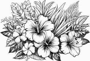 Hawaiian flowers in a straight line with words in middle tattoo idea