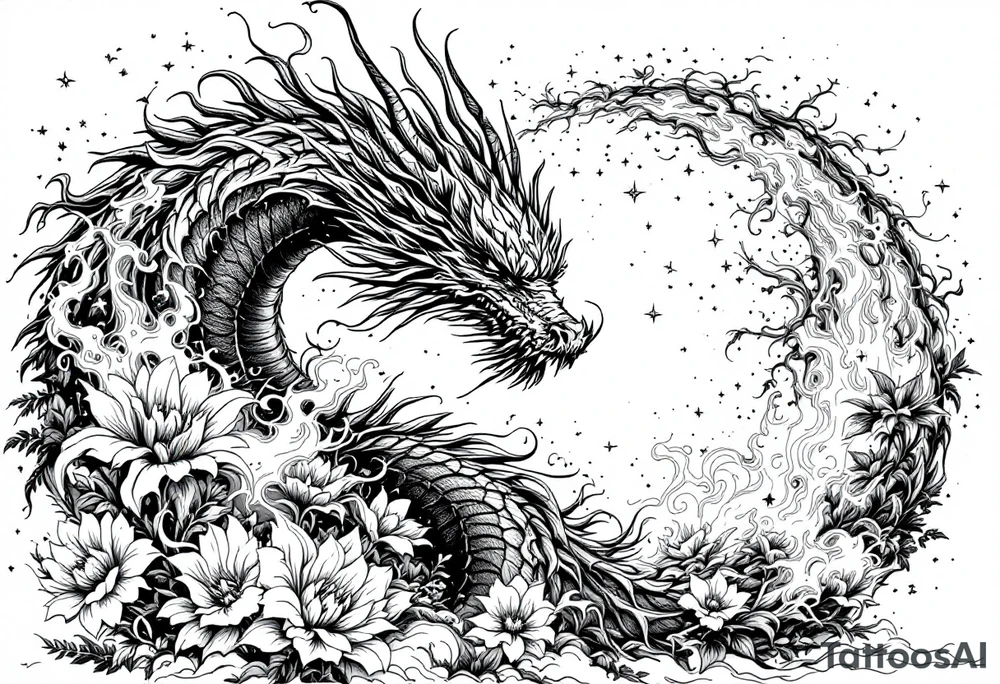 legendary dragon scene with energy aura flowers power effects tattoo idea