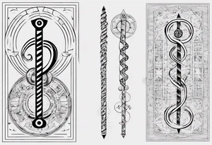 fine line Rod of Asclepius
 with "T1D" at the top with triangles and circles and squares in the background tattoo idea