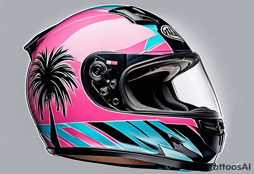 Formula 1 helment with a palm tree and black pink and light blue color tattoo idea