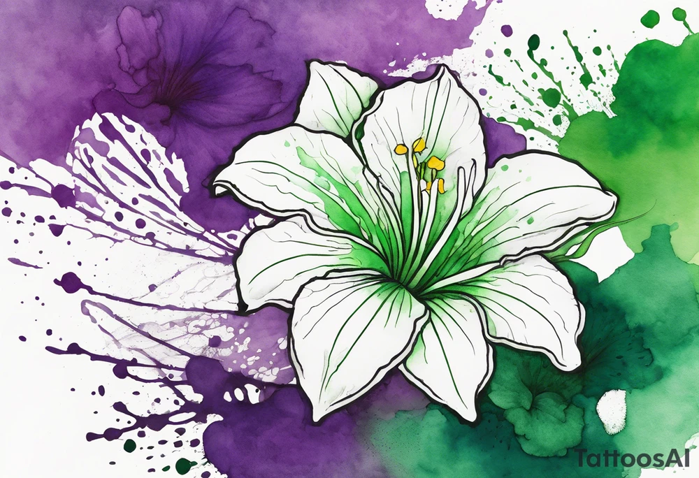 An outline of an only green rio dipladenia flower and a green and purple watercolor splash in the background tattoo idea