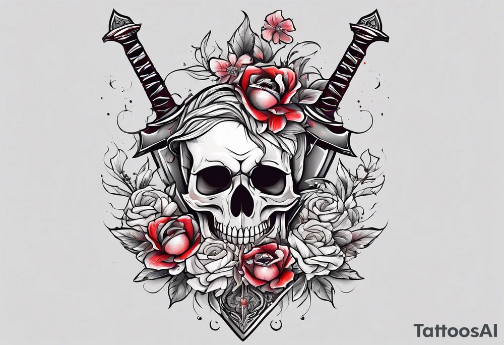 Bloody sword and flowers tattoo idea