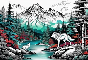 wolf mountain forest tattoo idea