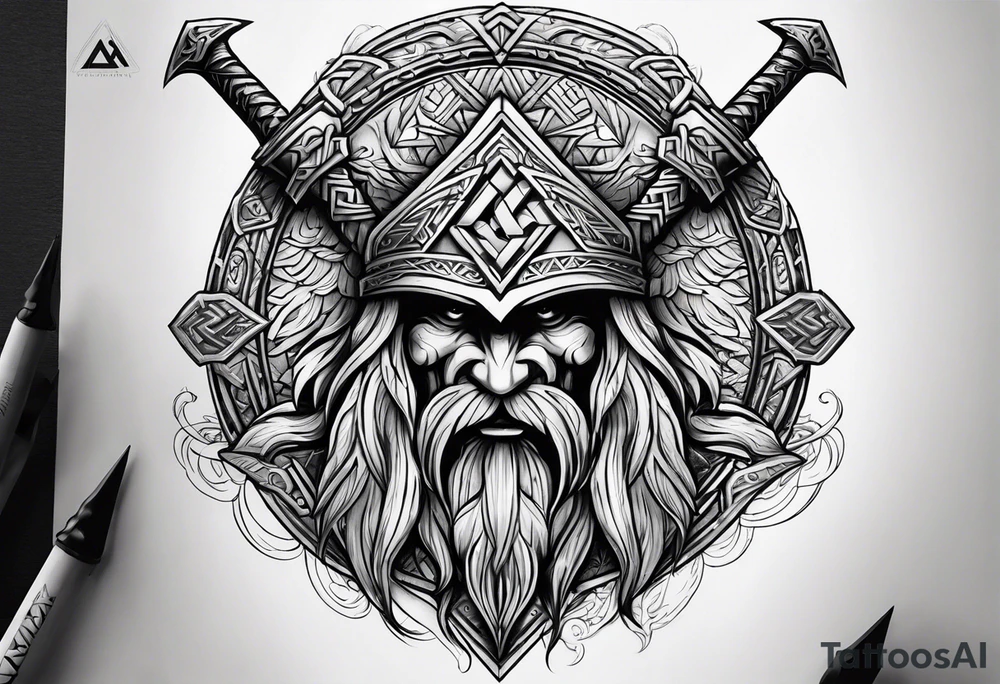 Valhalla sword shield axe Valknut tattoo idea