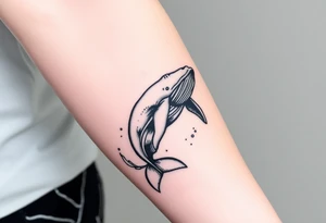 Forearm design, size = most of forearm.   Illustrative B/W with heavy linework, some shading and artistic styling.   Humpback whale that is breaching.  Kelp underwater framing whale as it emerges. tattoo idea