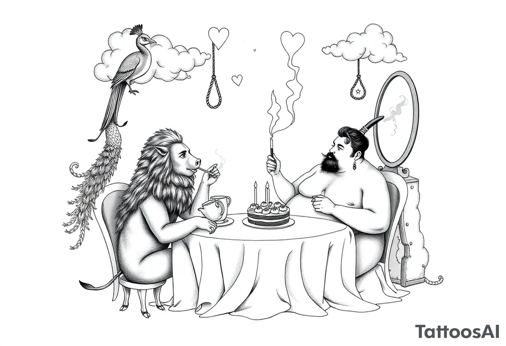 naked fat lady having a tea party with tea pots and 
with a pig, peacock, noose, lion, goat, smoking cigerettes looking in the mirror having sex with a man eating a cake thru storm clouds with knife and broken hearts and darkness and wrath, envy , gluttony, greed, sloth, pride tattoo idea
