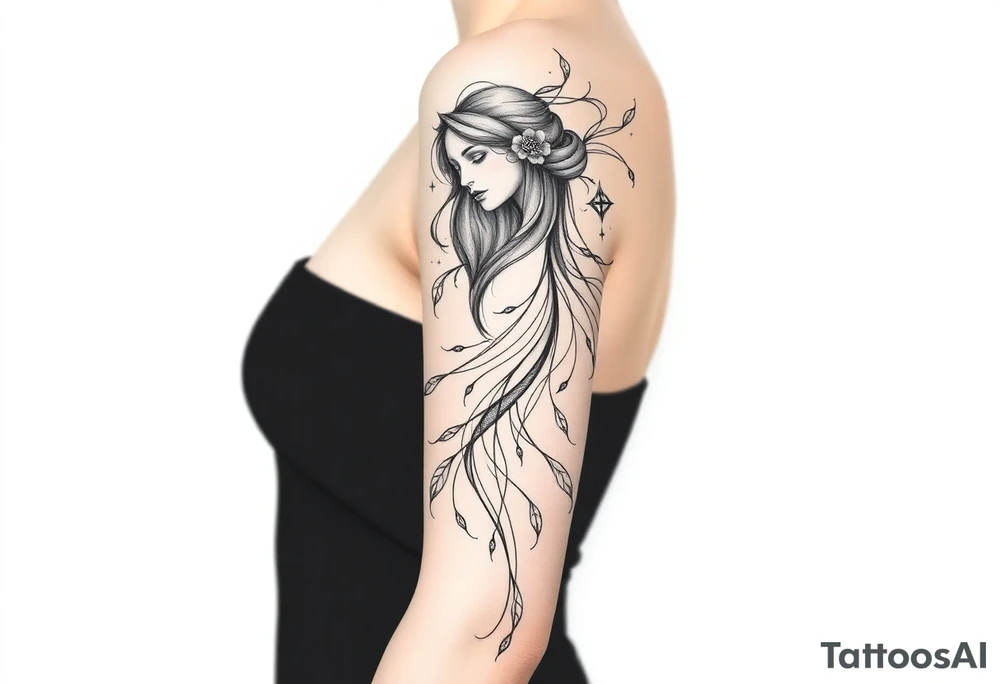 A mystical tattoo design for a woman, inspired by mythology. The artwork features a delicate yet powerful composition with elements from ancient myths—perhaps a goddess, a mythical creature, or enchanted symbols. The design should have a dreamy, ethereal feel with soft, blurred lines, creating a sense of mystery and fluidity. The shading should be smooth, with a watercolor or misty effect, making the tattoo appear almost like a fading legend on the skin. The overall aesthetic should be elegant, feminine, and slightly surreal. tattoo idea