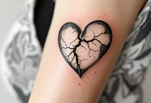 A heart made of porcelain, cracked and repaired with gold (Kintsugi style), showing that healing makes us stronger. tattoo idea