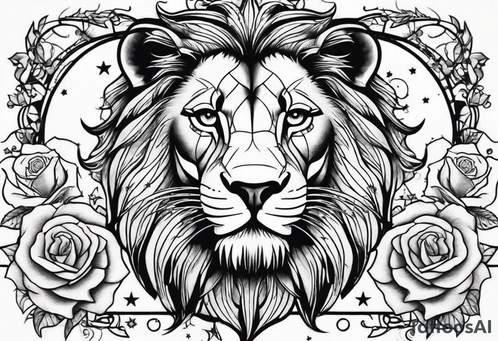 Lion with roses & spiders with stars tattoo idea