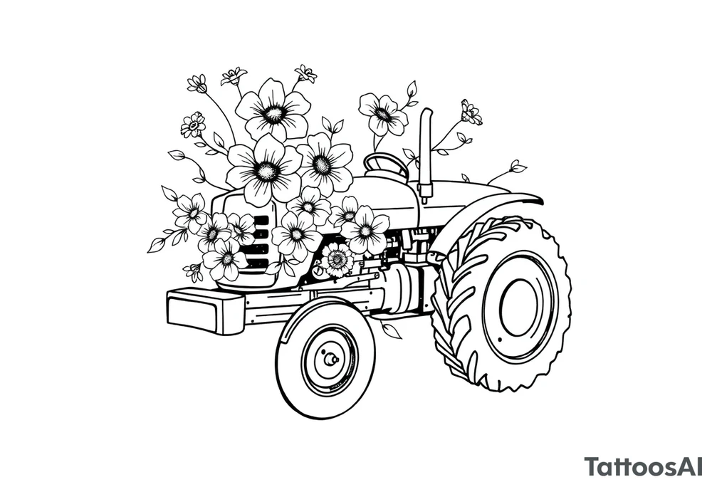 feminine tractor with flowers tattoo idea