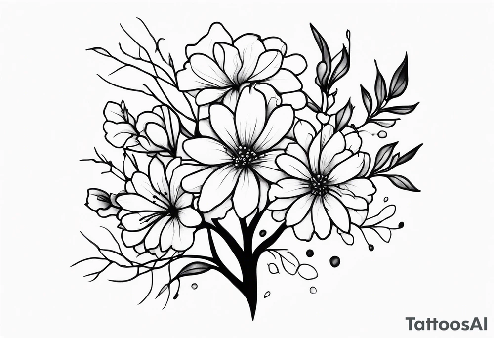 A black and white small damaged neuron with color florals tattoo idea