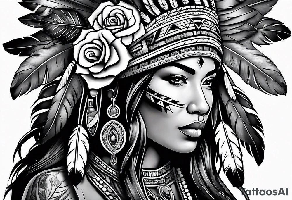 Native American woman chief with roses tattoo idea