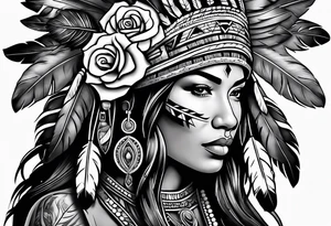 Native American woman chief with roses tattoo idea
