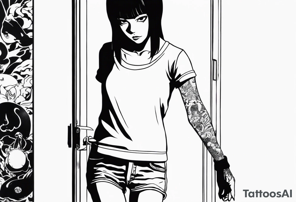 portrait of tomie standing up a character by the horror manga author junji ito full body standing murderously. add more horror and gore elements tattoo idea