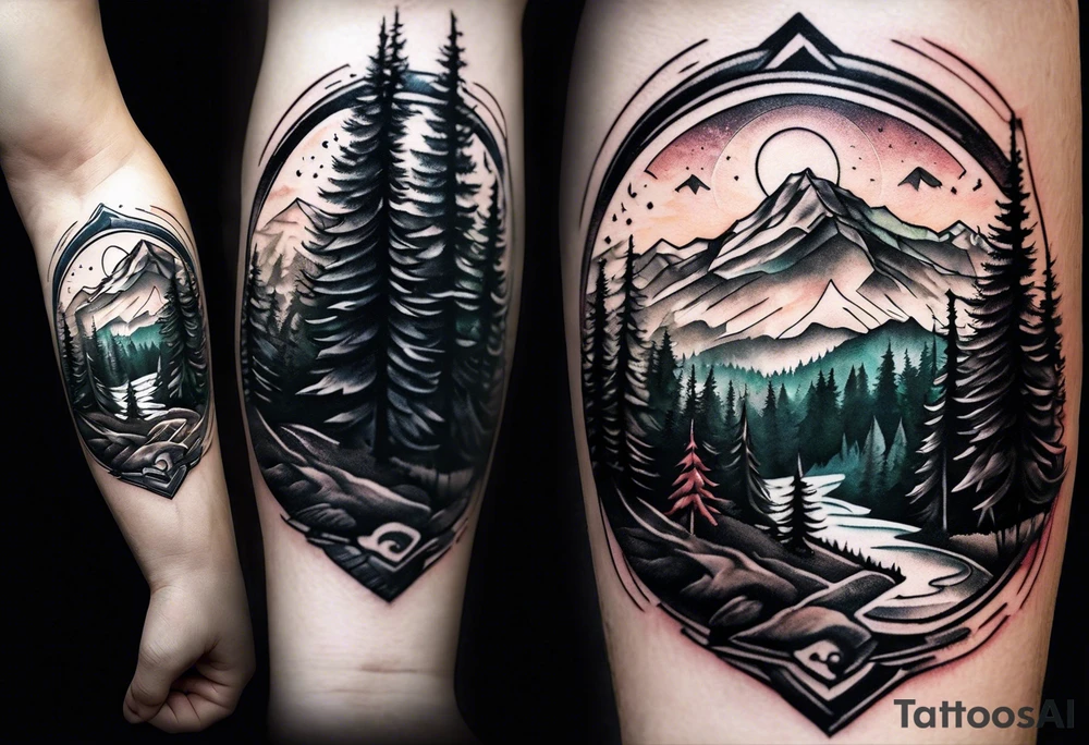 forest mountain forearm tattoo idea