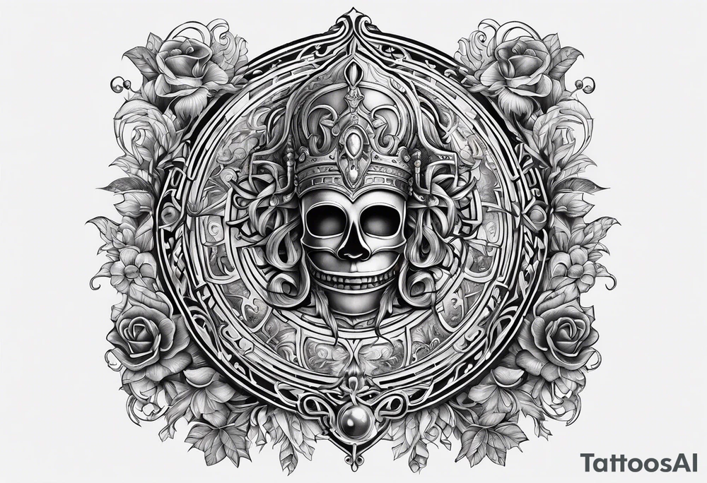 Labyrinth with symbols of bells and masquerade tattoo idea