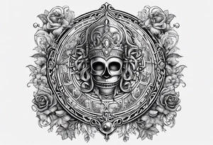 Labyrinth with symbols of bells and masquerade tattoo idea