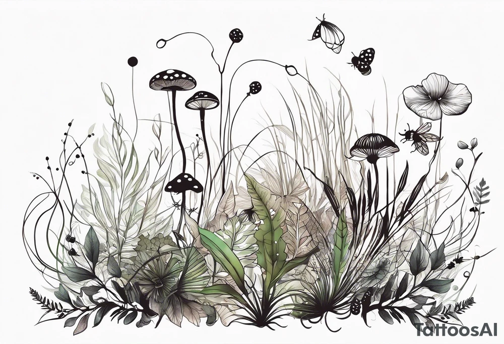forest floor inspired minimalist tattoo, which includes grass, curly ferns, moss and dead leaves as the bulk of the tattoo. details to include: forest berries, a tiny bumblebee flying nearby, three small brown mushrooms
Generate a vertically long one tattoo idea