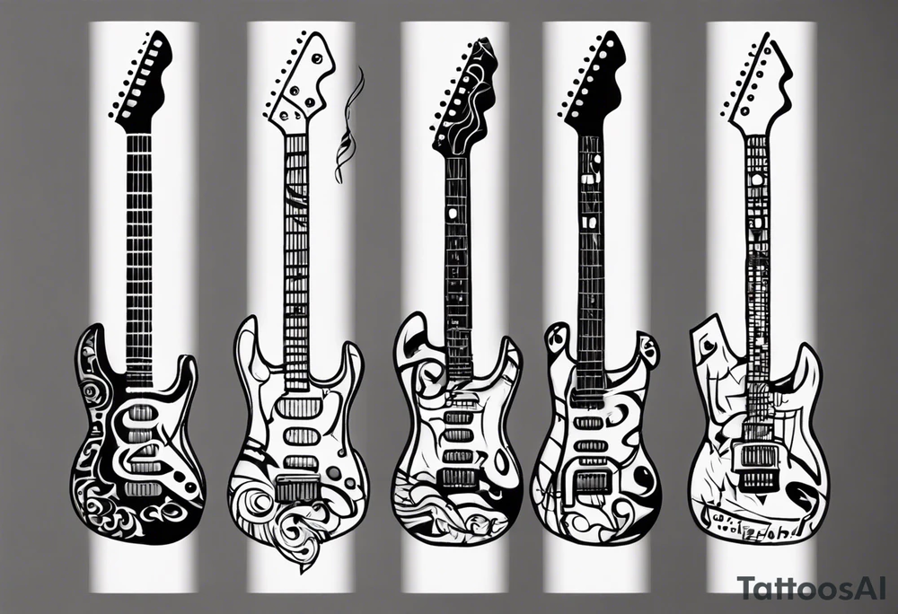 Create a unique vertical tattoo design inspired by my passion for the electric guitar and video games. Consider an abstract representation of musical notes and pixel graphics that fits well on the back of the forearm tattoo idea