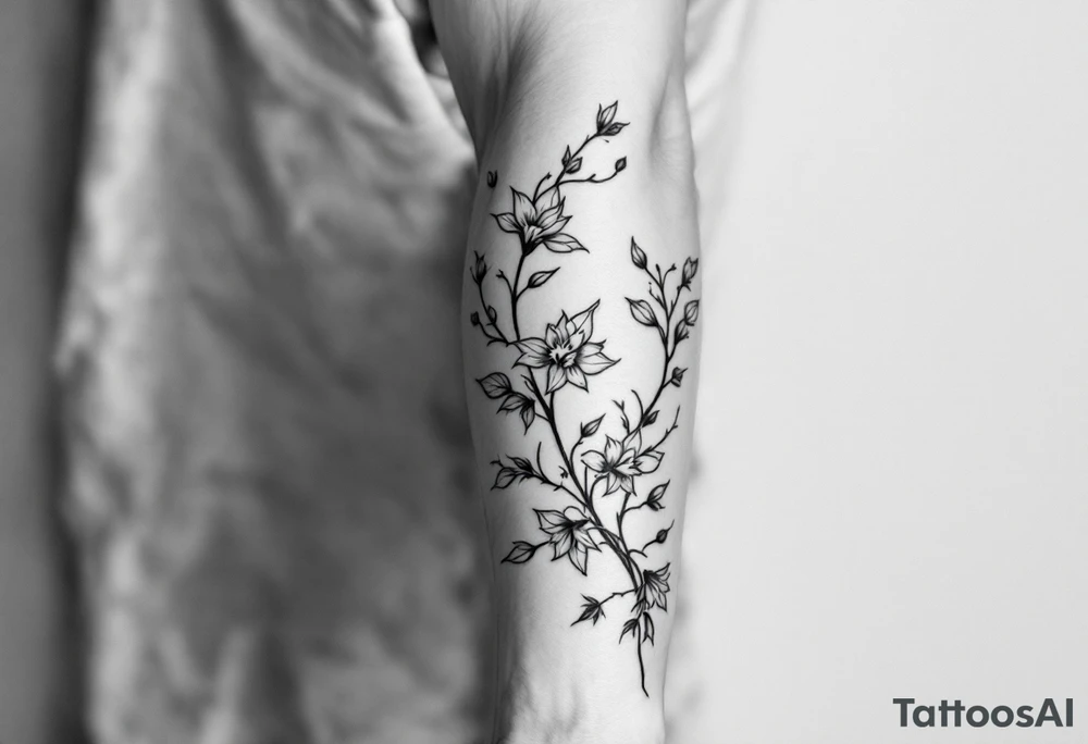 starting from a band mid-forearm, a sleeve of holly flowers and daffodils tattoo idea