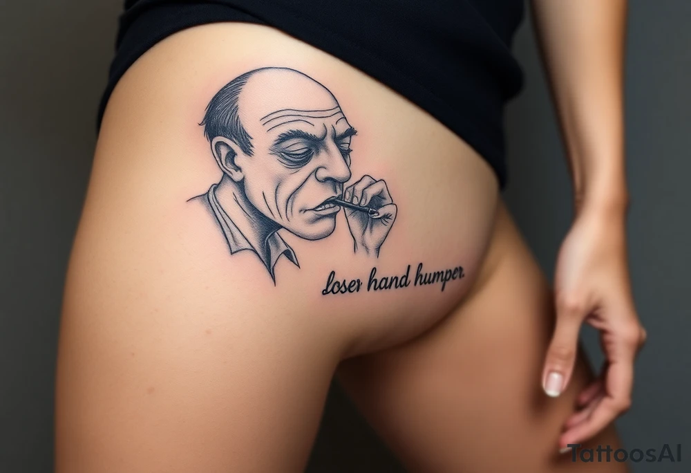 pathetic ugly man with small penis masturbating with caption “loser hand humper” tattoo idea