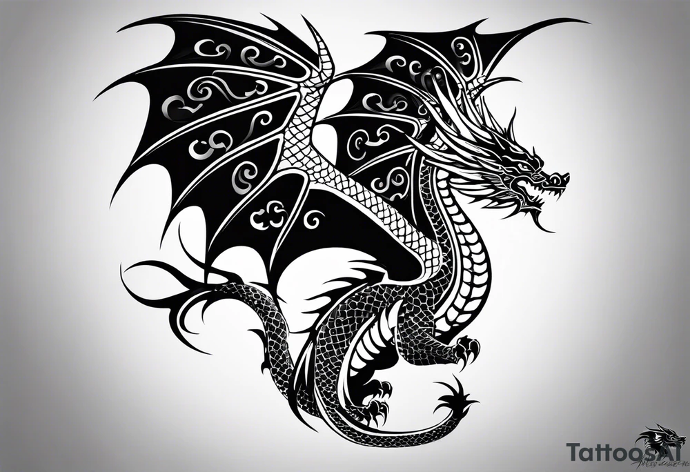 A black and white tattoo design of a flying dragon with spread wings. The dragon is a fusion of Chinese traditional and tribal styles, featuring detailed scales, claws, and a fierce expression.
The wings incorporate bold, sharp tribal patterns, while the body retains traditional Chinese elements like flowing lines and intricate details.
The design is centralized, intended for placement on the forearm, with a symmetrical and powerful appearance. The overall look is balanced with a mix of smooth curves and sharp angles, but just enough detail to ensure proper visibility tattoo idea