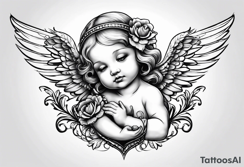 Baby Angel holding heart, side way flying with name Leah tattoo idea