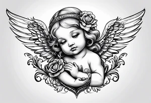 Baby Angel holding heart, side way flying with name Leah tattoo idea