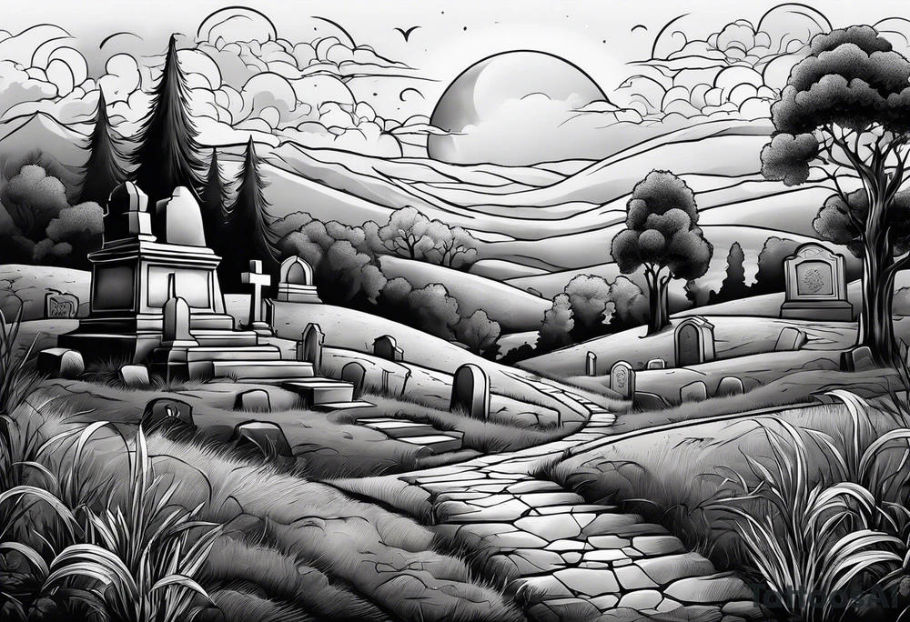 Graveyard with moon and smoke  on hills with clouds tattoo idea