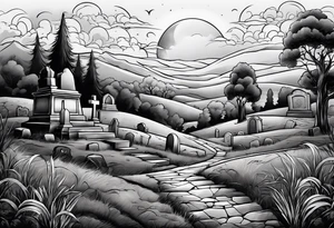 Graveyard with moon and smoke  on hills with clouds tattoo idea