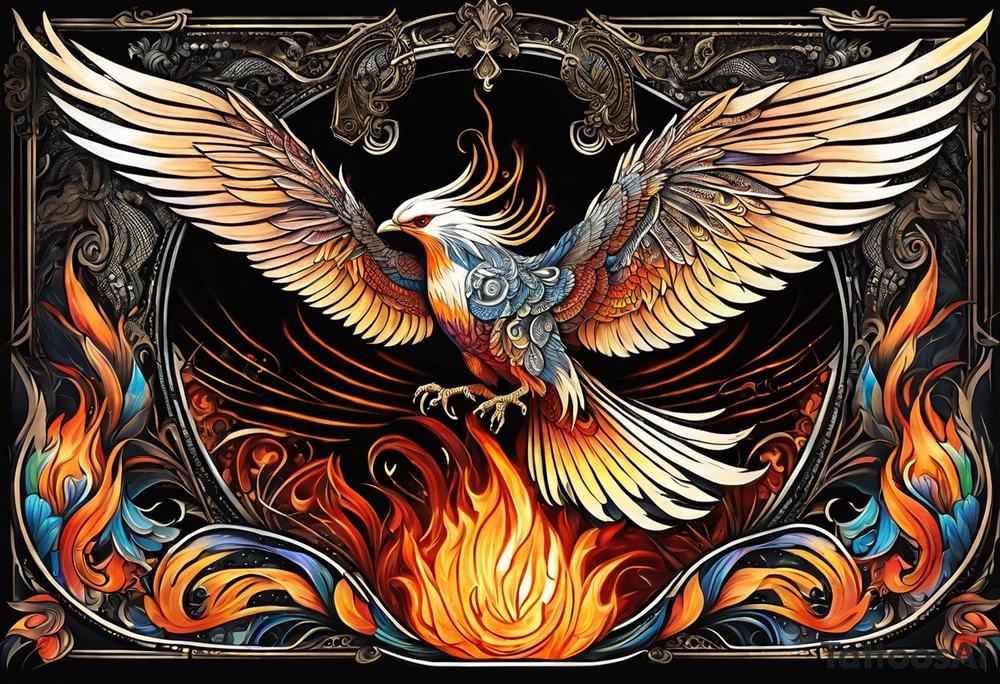 russian firebird in-flight with very long fancy tail "Isaiah 43: 18-19" tattoo idea