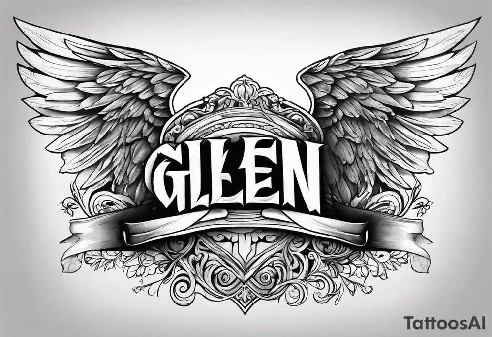 The word Glenn on a banner with angel Wings tattoo idea