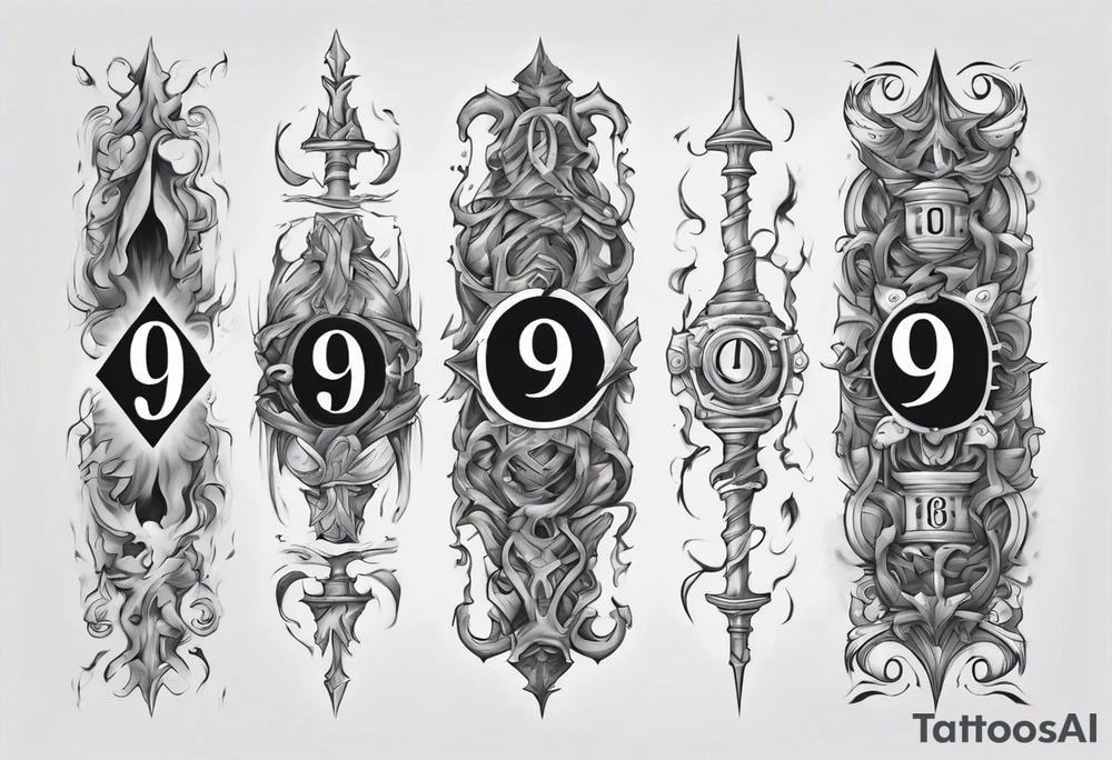 number 9 right side up and upside down connected tattoo black and grey on inside forearm 9:16 aspect ratio tattoo idea