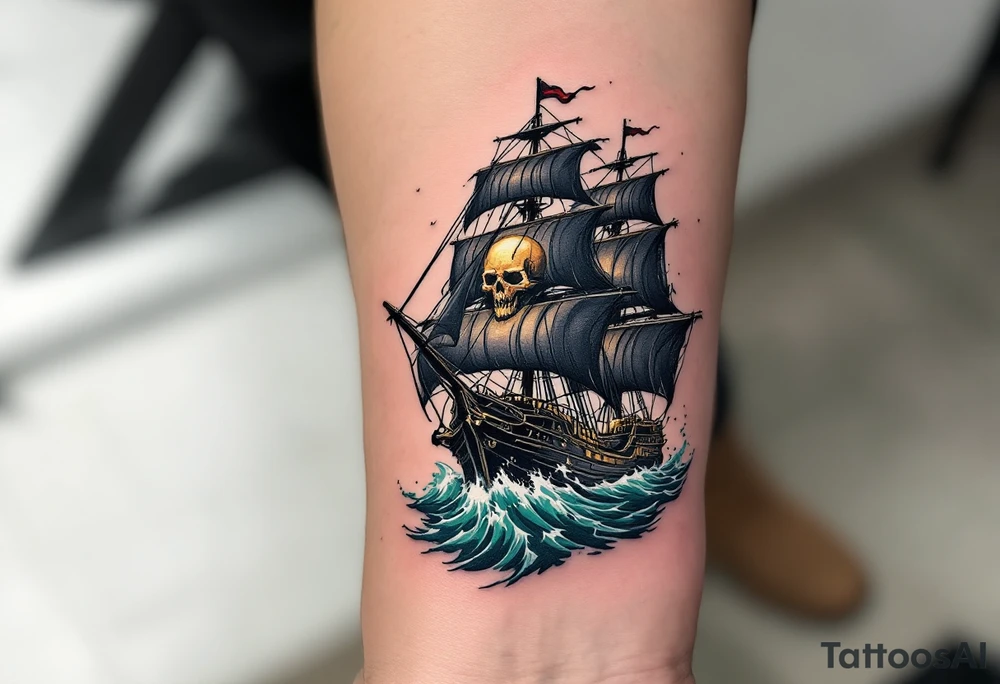 Tidebreaker Warship – A massive black pirate galleon with ripped sails, cutting through emerald green waves. The golden skull figurehead glows in the moonlight, and flashes of cannon fire illuminate the stormy sky. tattoo idea