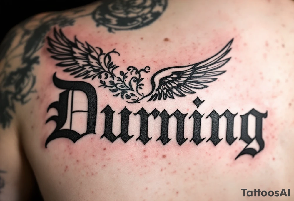 Dunning, details include angel wing, greek type of font,jungle leaves , tiger scratch tattoo idea