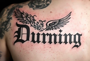 Dunning, details include angel wing, greek type of font,jungle leaves , tiger scratch tattoo idea