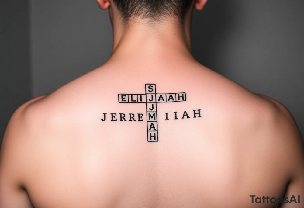 crossword style tattoo with the names 
Sophia, Elijah, Jeremiah, Isaiah, Josiah tattoo idea