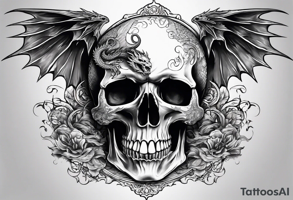 Flying fiery skull with encircling dragon tattoo idea