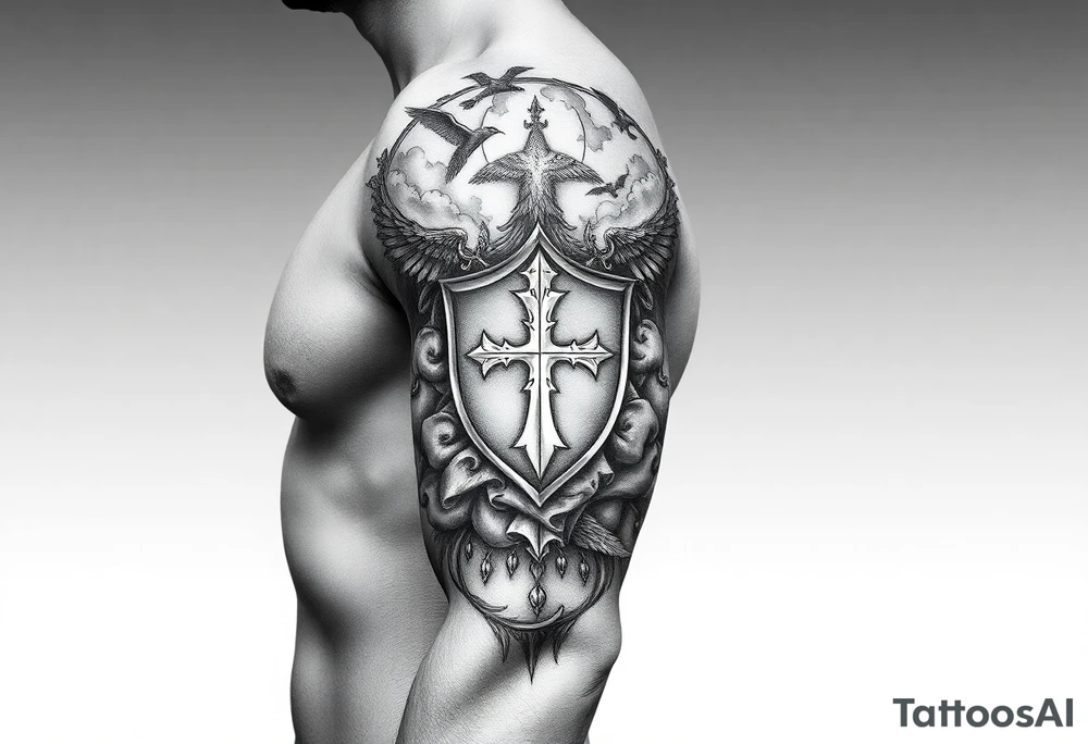 Half sleeve. clouds, shield, cross, bird tattoo idea