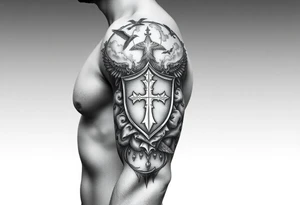 Half sleeve. clouds, shield, cross, bird tattoo idea
