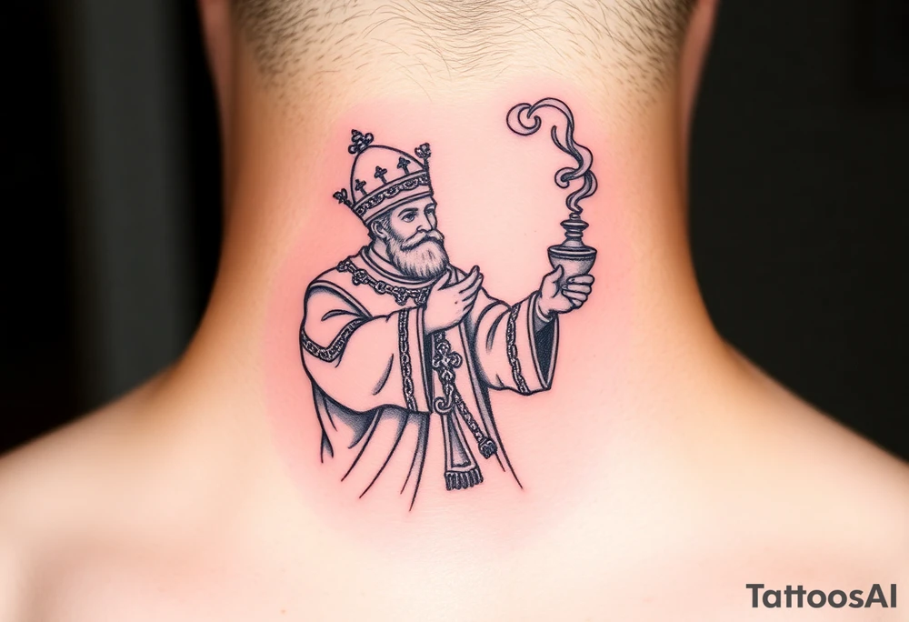 Russian Orthodox Priest in a fully detailed gold vestment swinging a censer with smoke curling upward tattoo idea