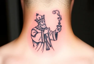 Russian Orthodox Priest in a fully detailed gold vestment swinging a censer with smoke curling upward tattoo idea