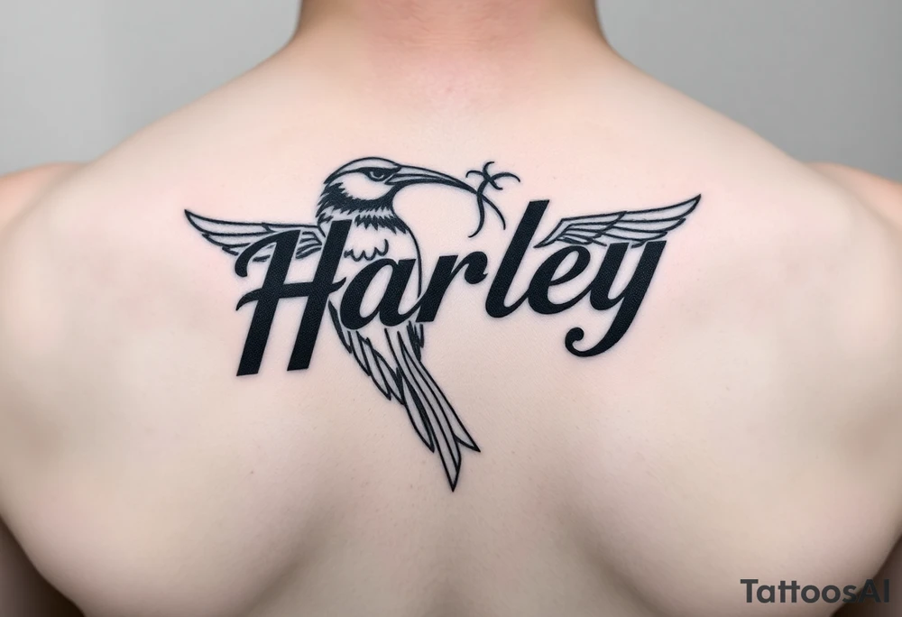 a couple names being Harley and Guy bird combined lettering meaning Harley bird tattoo idea