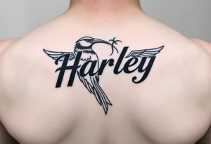 a couple names being Harley and Guy bird combined lettering meaning Harley bird tattoo idea