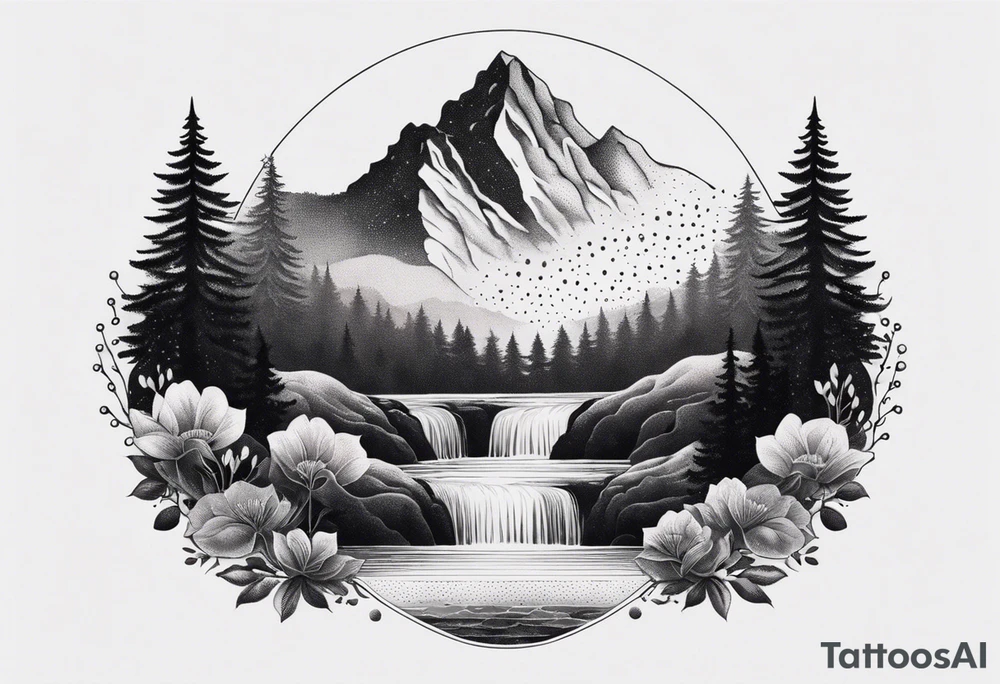 Create a delicate tattoo depicting a symmetrical landscape with a waterfall cascading between mountains, surrounded by flora and fauna tattoo idea