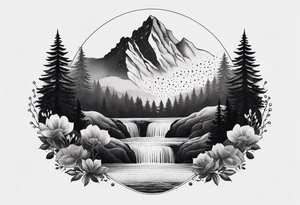 Create a delicate tattoo depicting a symmetrical landscape with a waterfall cascading between mountains, surrounded by flora and fauna tattoo idea